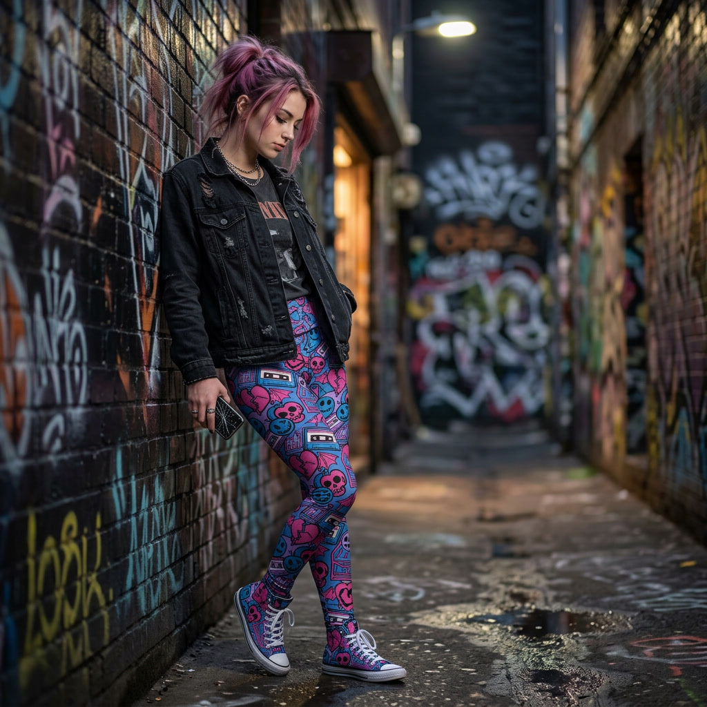 Blue Pink Chaos Doodle Leggings