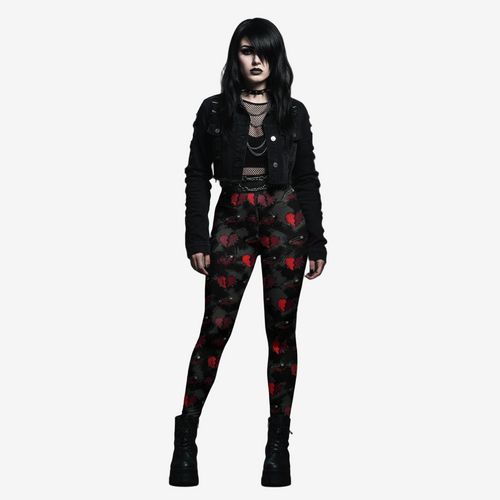 Woman in a dark alley wearing a black jacket and red patterned pants.