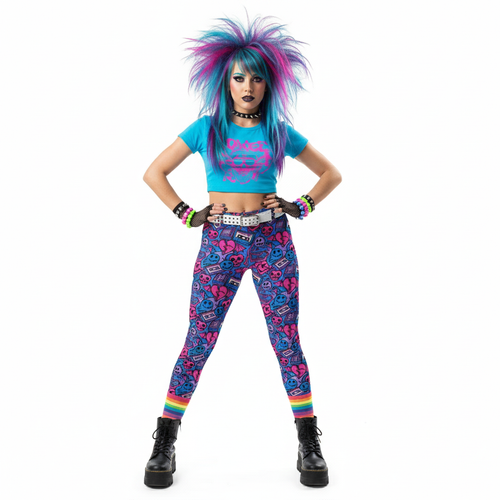 Person wearing a colorful outfit with a blue top and patterned pants on a white background