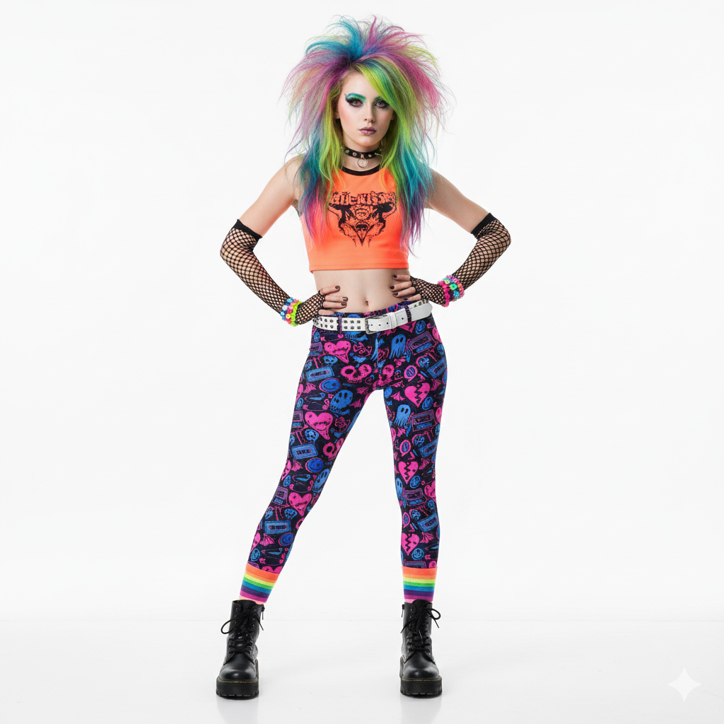 Person wearing a colorful outfit with a crop top and patterned leggings on a white background