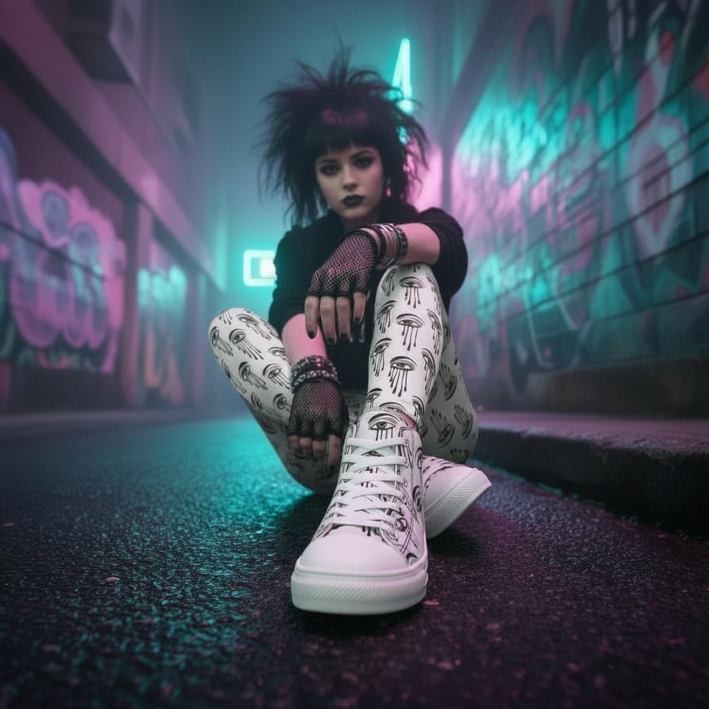 Person sitting in a graffiti-covered alleyway wearing white sneakers with black patterns.