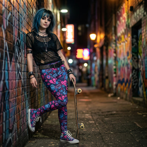 Blue Pink Emo Doodle Leggings