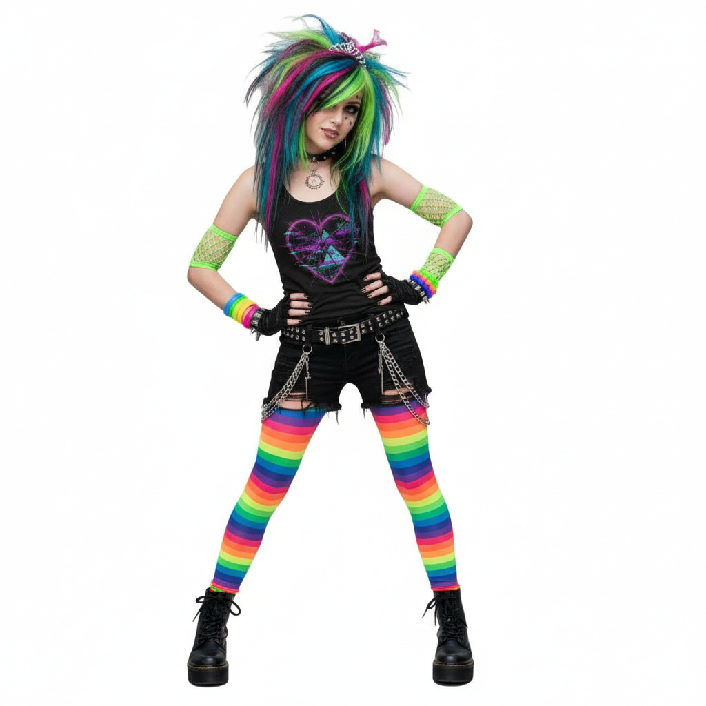 Person wearing a colorful outfit with rainbow leggings, black top, and accessories on a white background