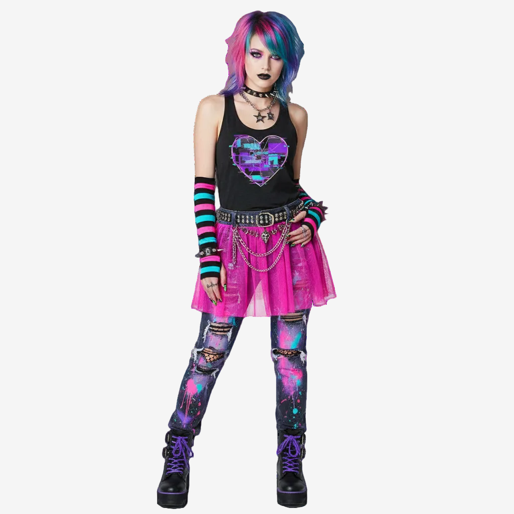 Person wearing a black tank top with a colorful heart design, pink skirt, and multicolored hair on a white background.