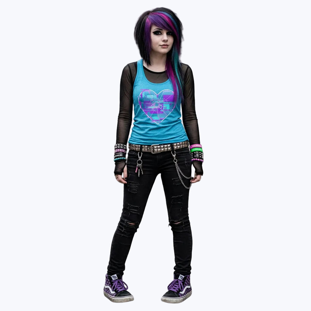 Person with colorful hair and alternative fashion standing in front of a graffiti-covered wall.