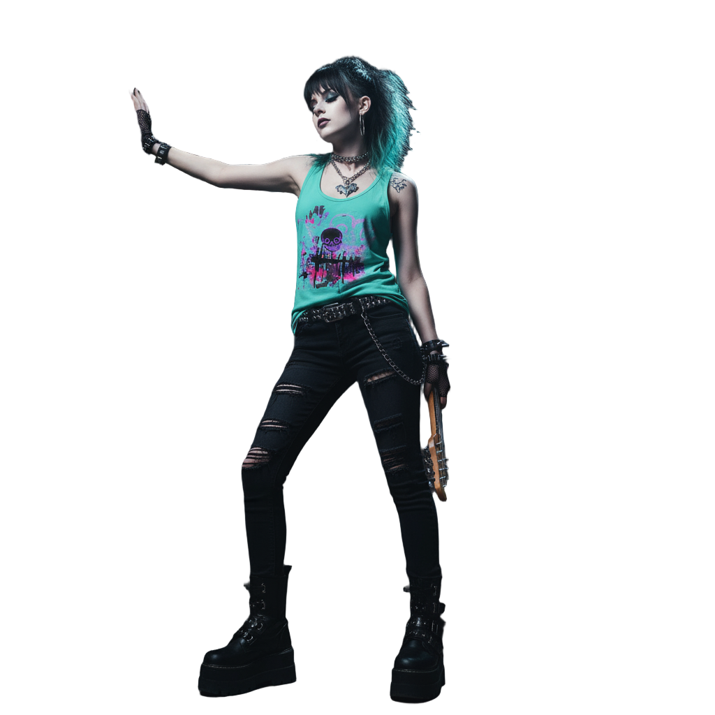 Person with teal hair and black outfit standing against a graffiti-covered wall.