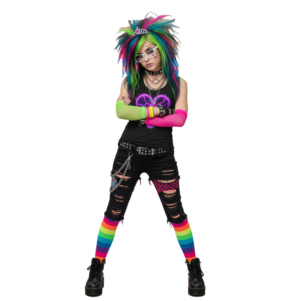 Person wearing a black sleeveless top with a colorful design, ripped black pants, and rainbow striped socks on a white background.