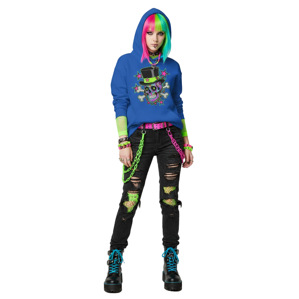 Person wearing a colorful hoodie and black pants with chains on a white background