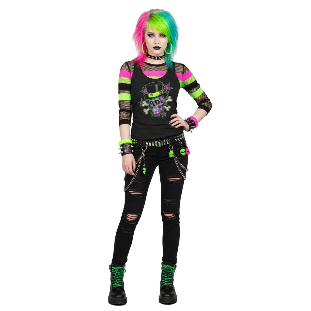 Person wearing a black outfit with colorful accents on a gray background