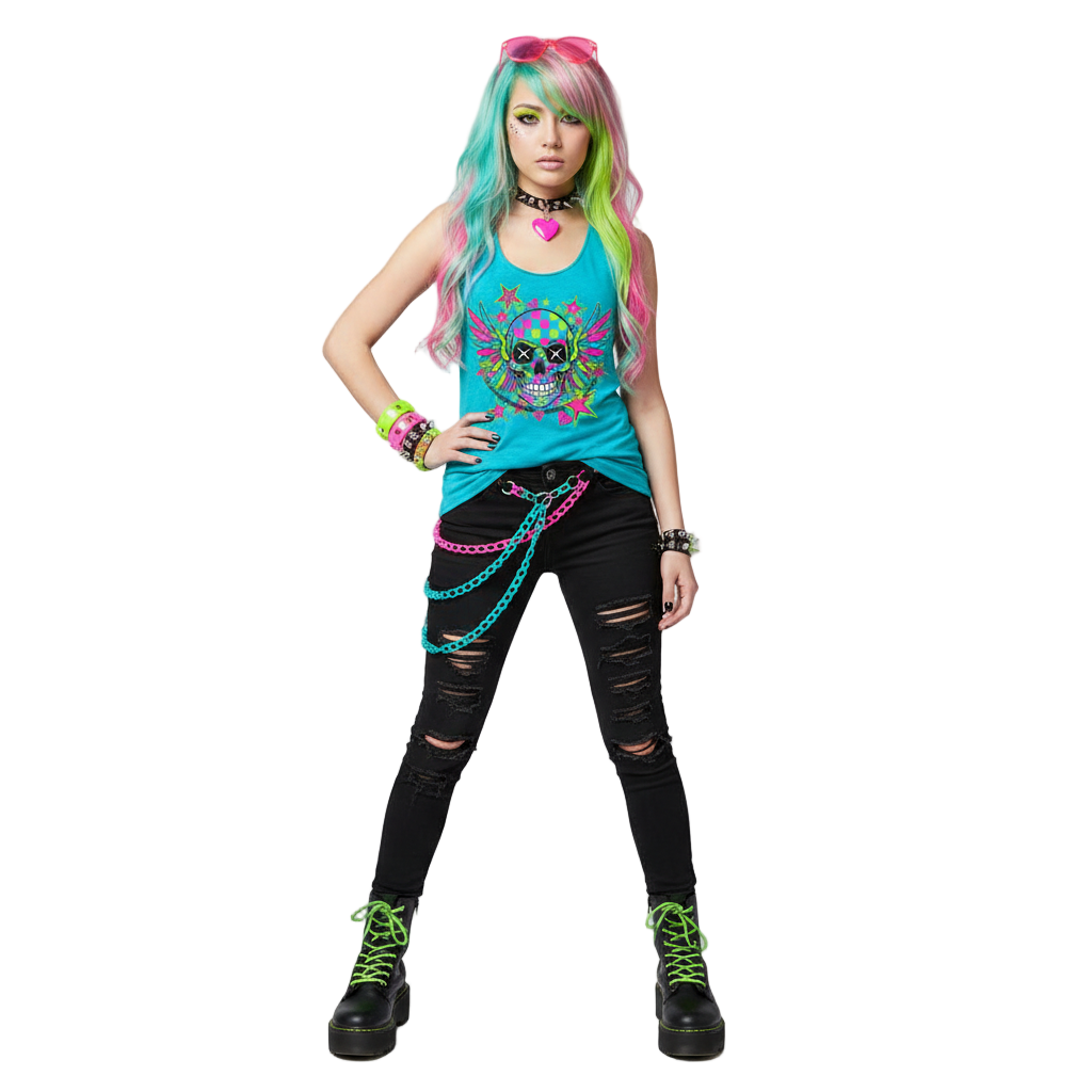 Person wearing a colorful outfit with a skull design on a white background