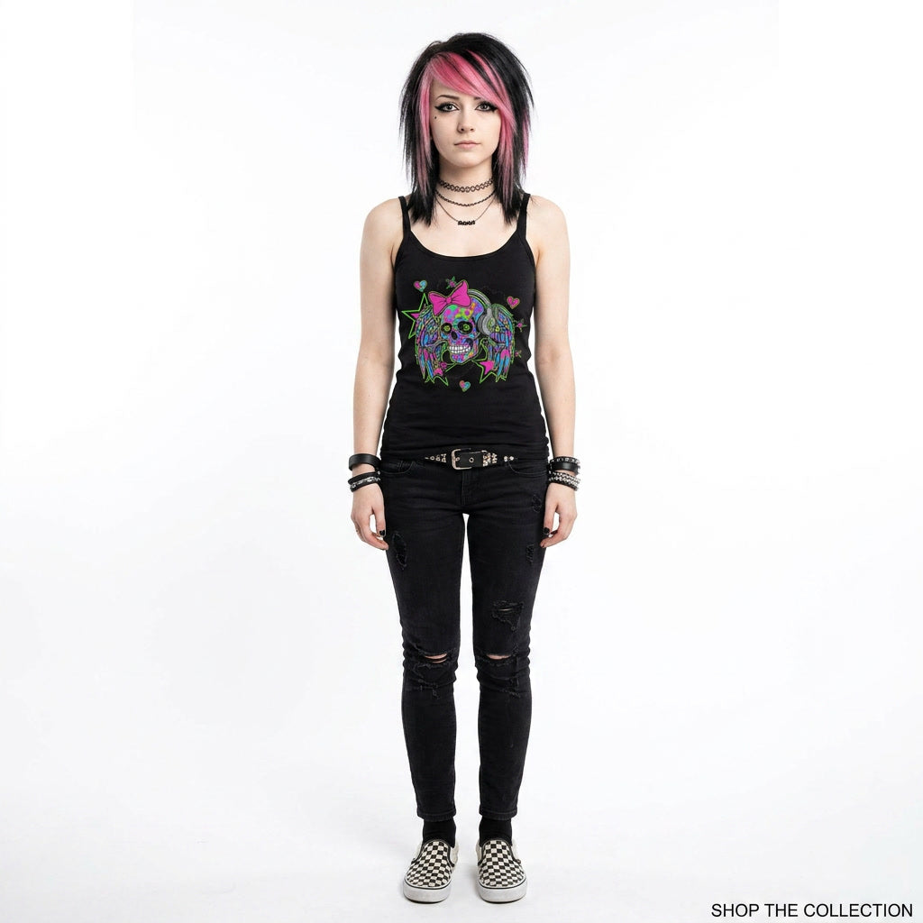 Neon Winged Skull Headphones Tank