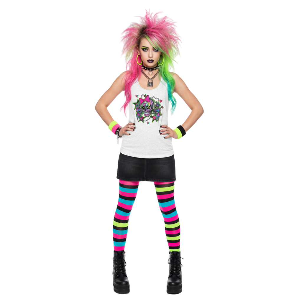 Person wearing a white tank top with a colorful design, black skirt, and striped leggings on a white background