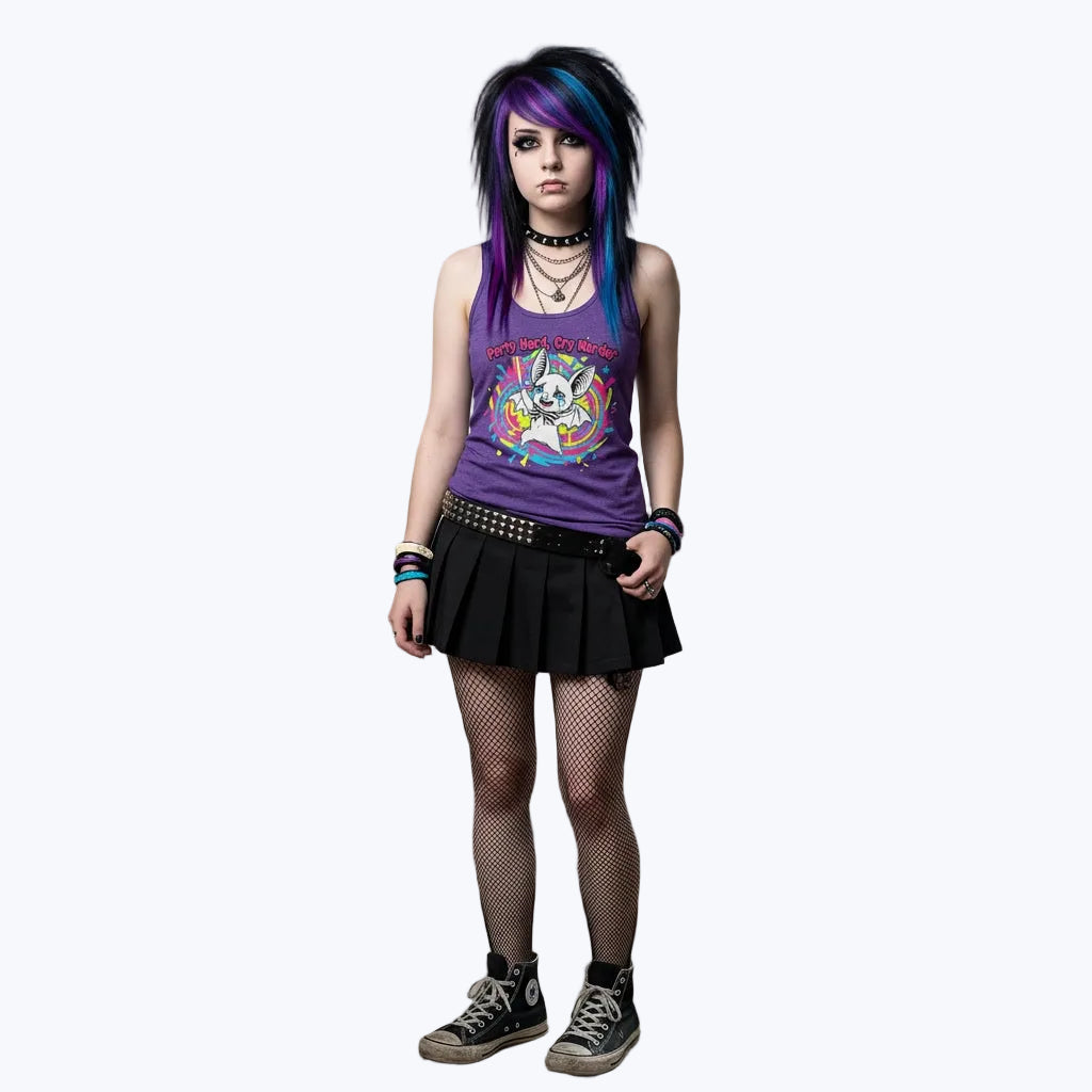 Person with colorful hair standing in a room decorated with music posters and vinyl records.