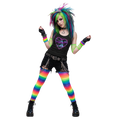 Person wearing a black top with a heart design, rainbow leggings, and colorful hair on a white background