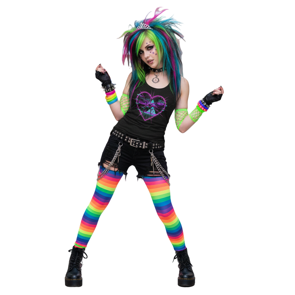 Person wearing a black top with a heart design, rainbow leggings, and colorful hair on a white background