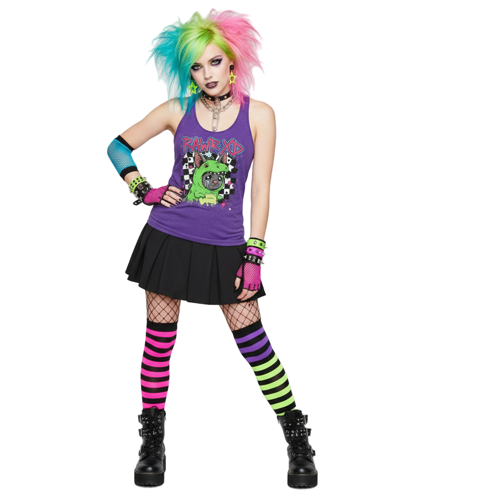 Person wearing a colorful outfit with a purple tank top and black skirt on a white background