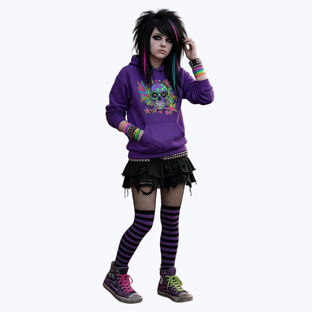 Person wearing a purple hoodie with a colorful design, standing on a street with graffiti.