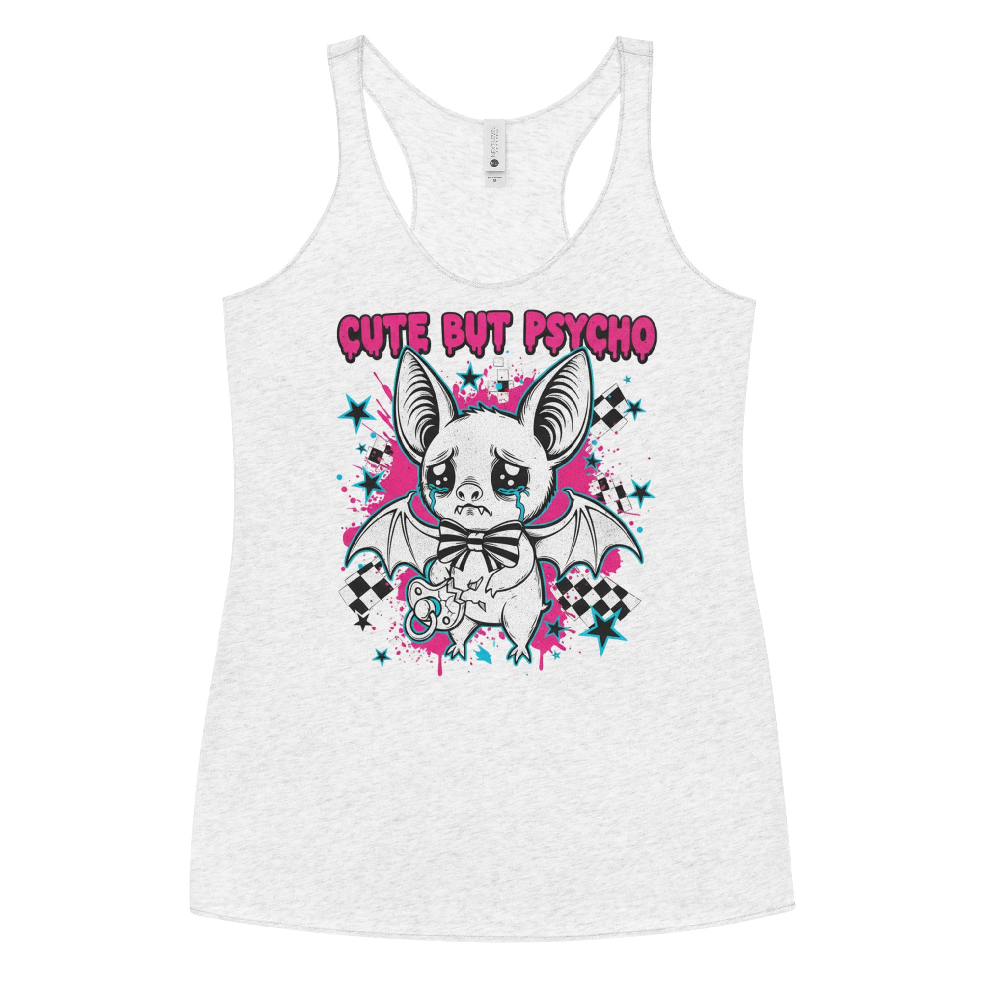 White tank top with a graphic design of a dog with bat wings and 'Cute But Psycho' text on a white background