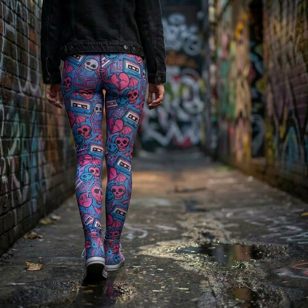 Blue Pink Chaos Doodle Leggings
